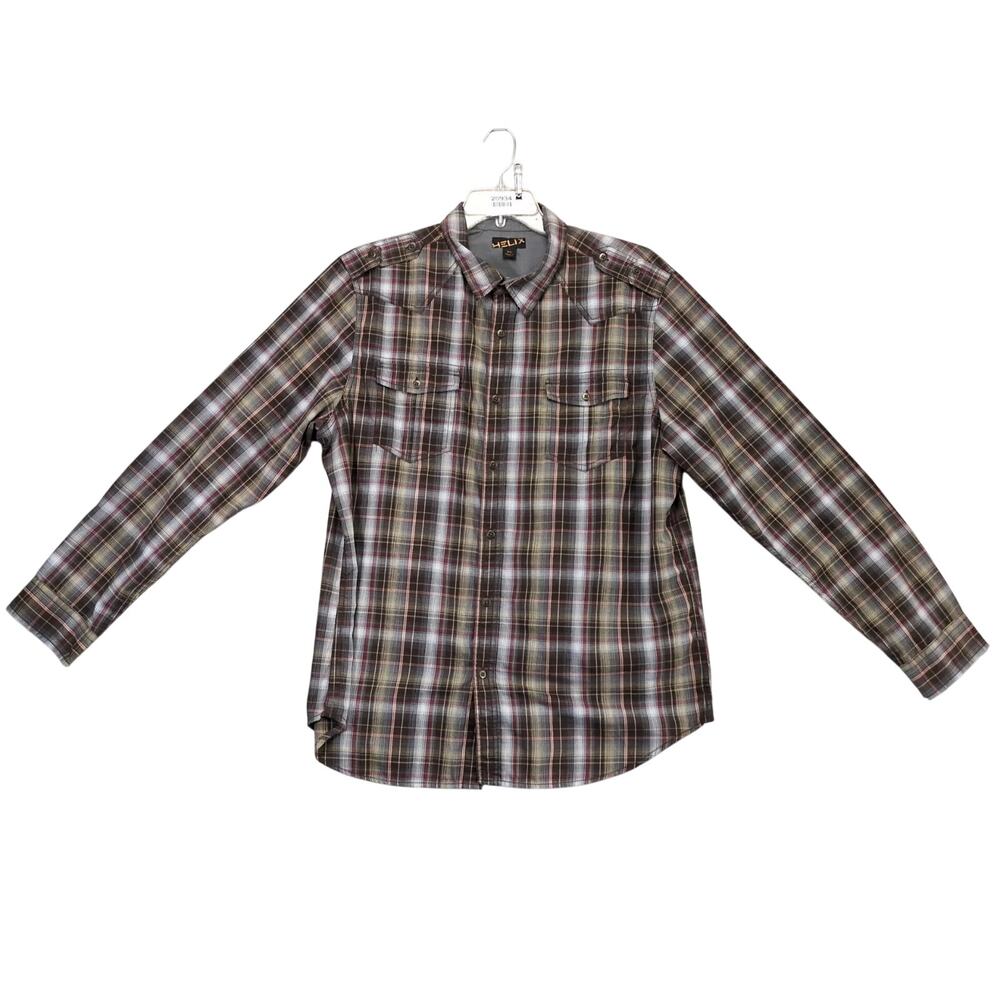 Helix Brown Plaid Button Up Shirt Men's XL Long‎ Sleeve Y2K Gorpcore Western Hip